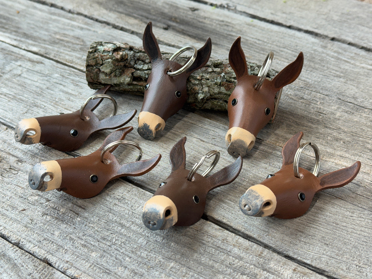 Hand Painted Longear Mule Head Leather Keychain