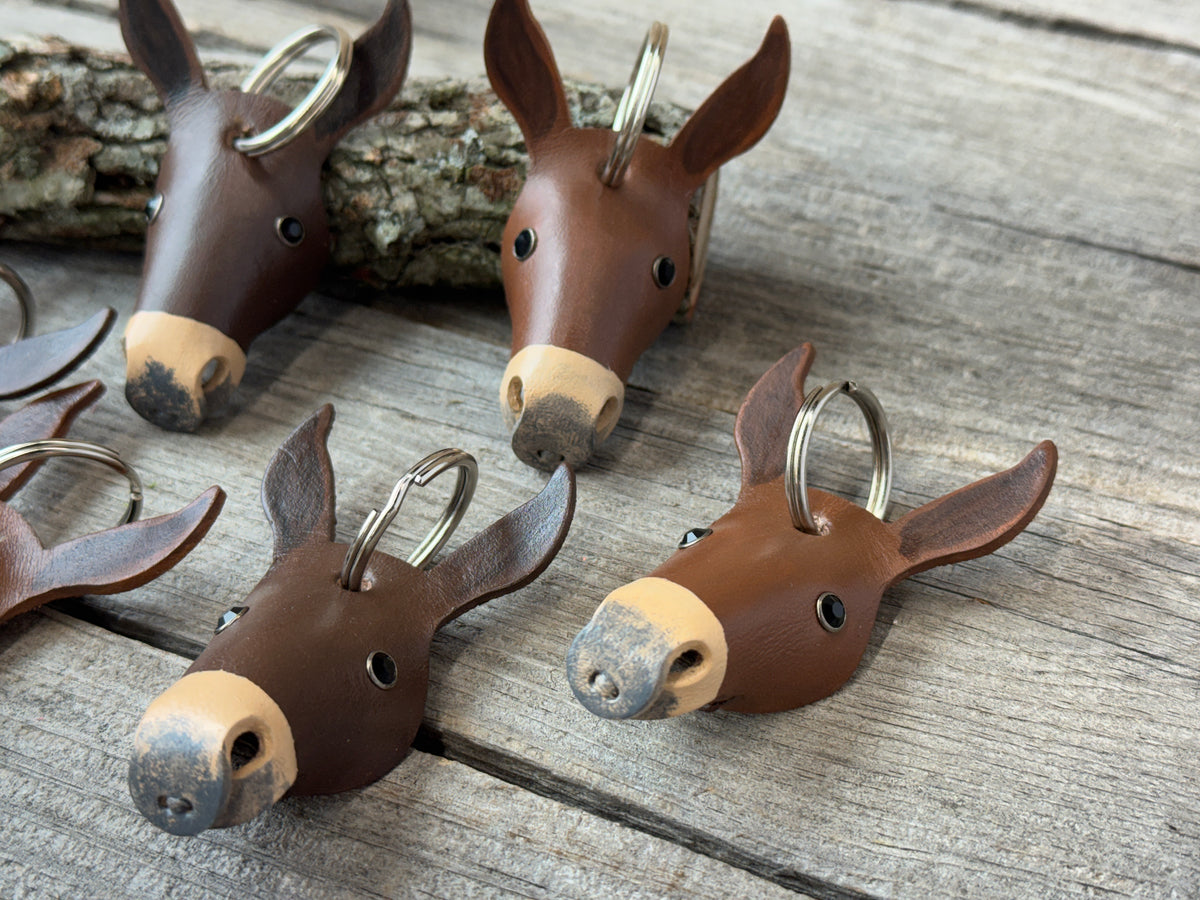Hand Painted Longear Mule Head Leather Keychain