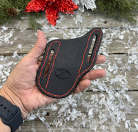 Black with Red Stitching Slanted Pancake Pocket Knife Sheath