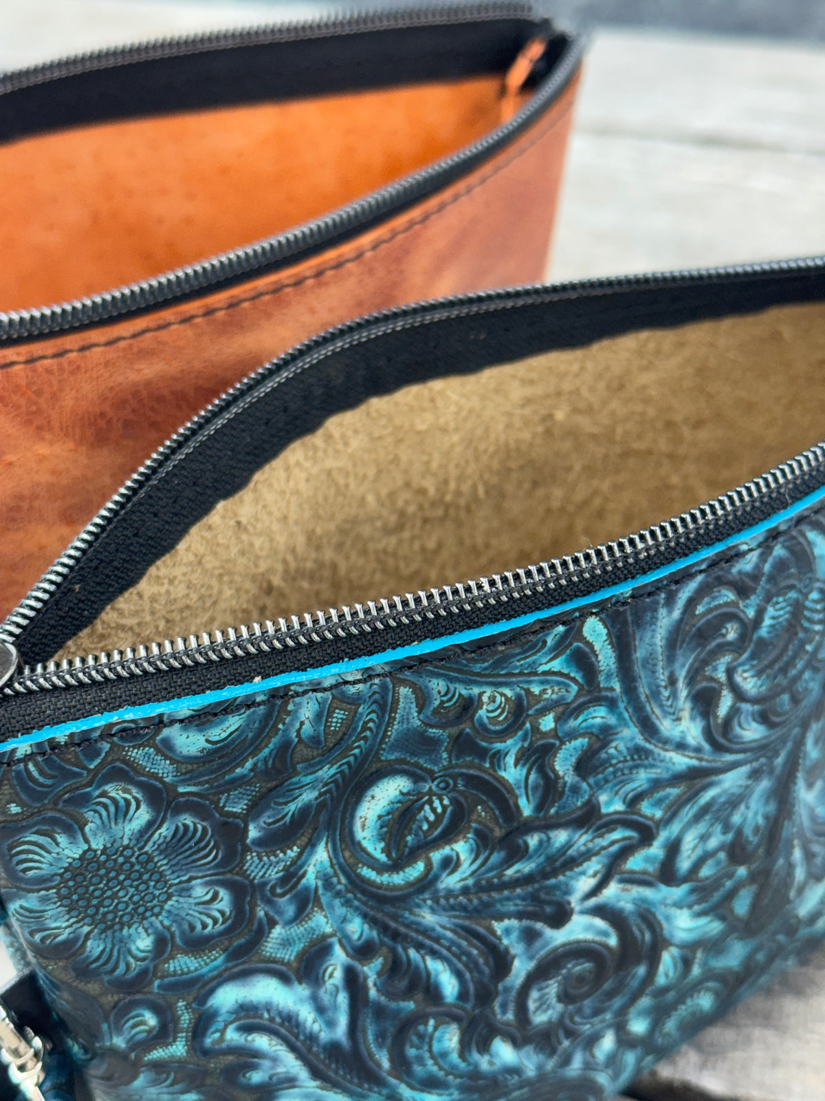 Medium genuine leather cosmetic bags with detachable wristlet straps