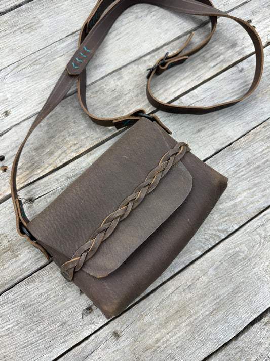 handmade leather purse oil tanned leather adjustable strap turquoise stitching