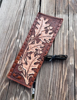 Hand Carved Oak Leaves Leather Show Stick Wrap