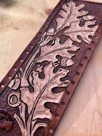 Hand Carved Oak Leaves Leather Show Stick Wrap