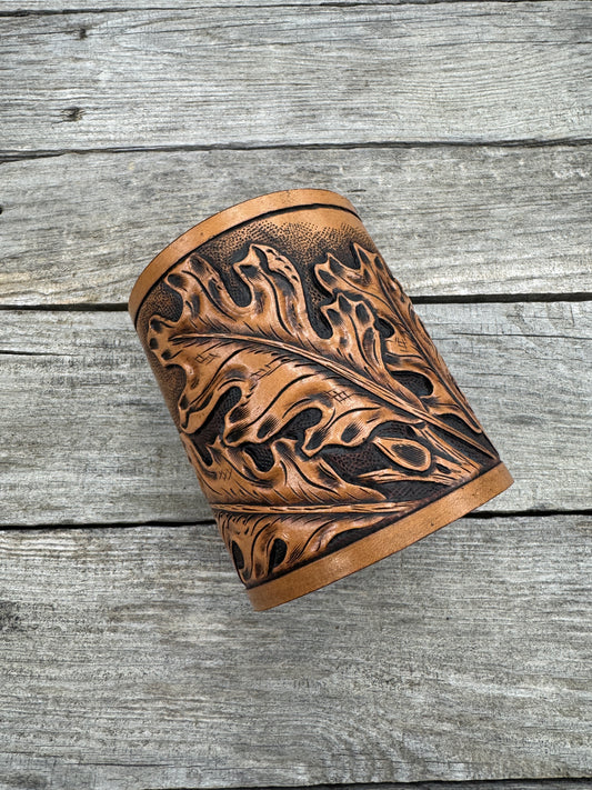 oak leaf leather desk organizer handmade pen holder
