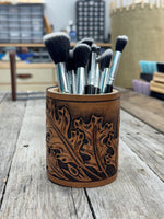 leather makeup brush holder oak leaf design