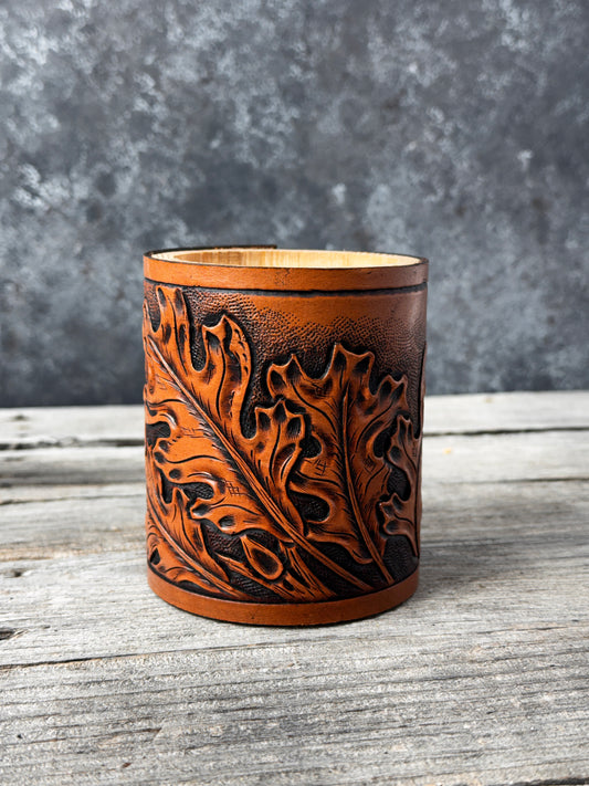Oak Leaf Leather Desk Organizer – Handmade Pen Holder & Brush Holder