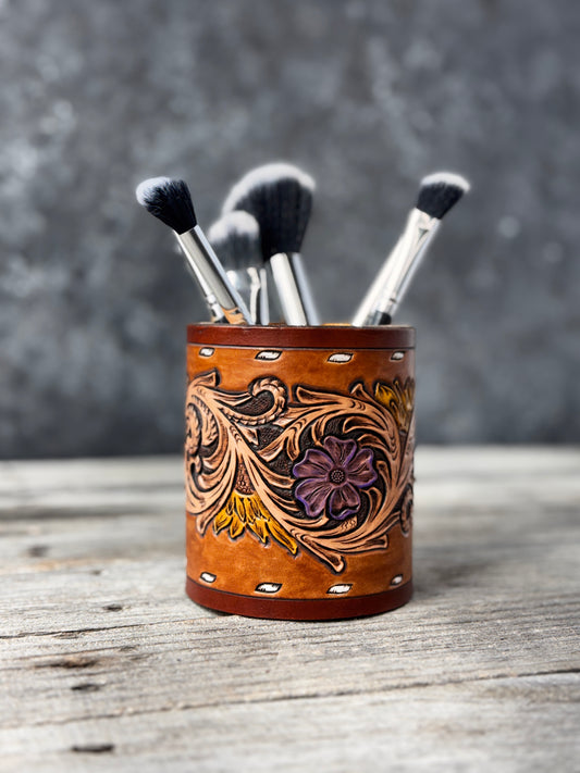 Floral Leather Makeup Brush Holder – Hand Painted Sunflower