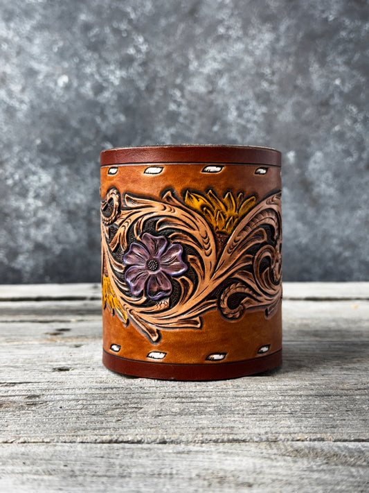 Floral Leather Makeup Brush Holder – Hand Painted Sunflower
