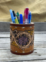 handmade leather pen holder floral tooling