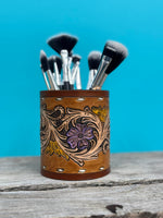 Floral Leather Makeup Brush Holder – Hand Painted Sunflower