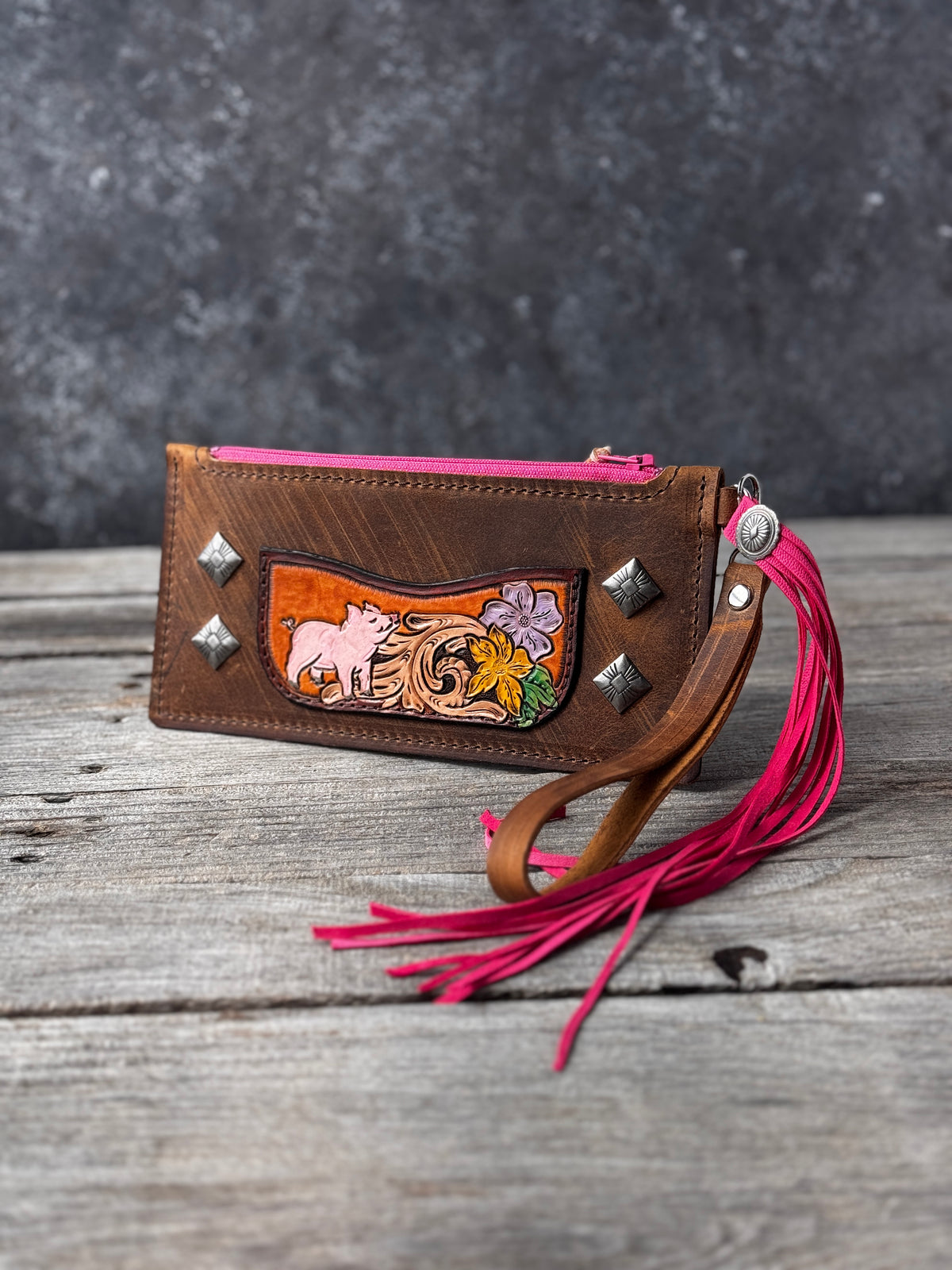 Hand Tooled Piglet Leather Wristlet Clutch – Western Floral Zipper Wallet with Pink Suede Tassel