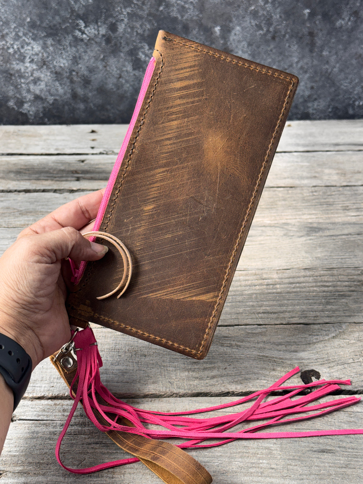 Hand Tooled Piglet Leather Wristlet Clutch – Western Floral Zipper Wallet with Pink Suede Tassel