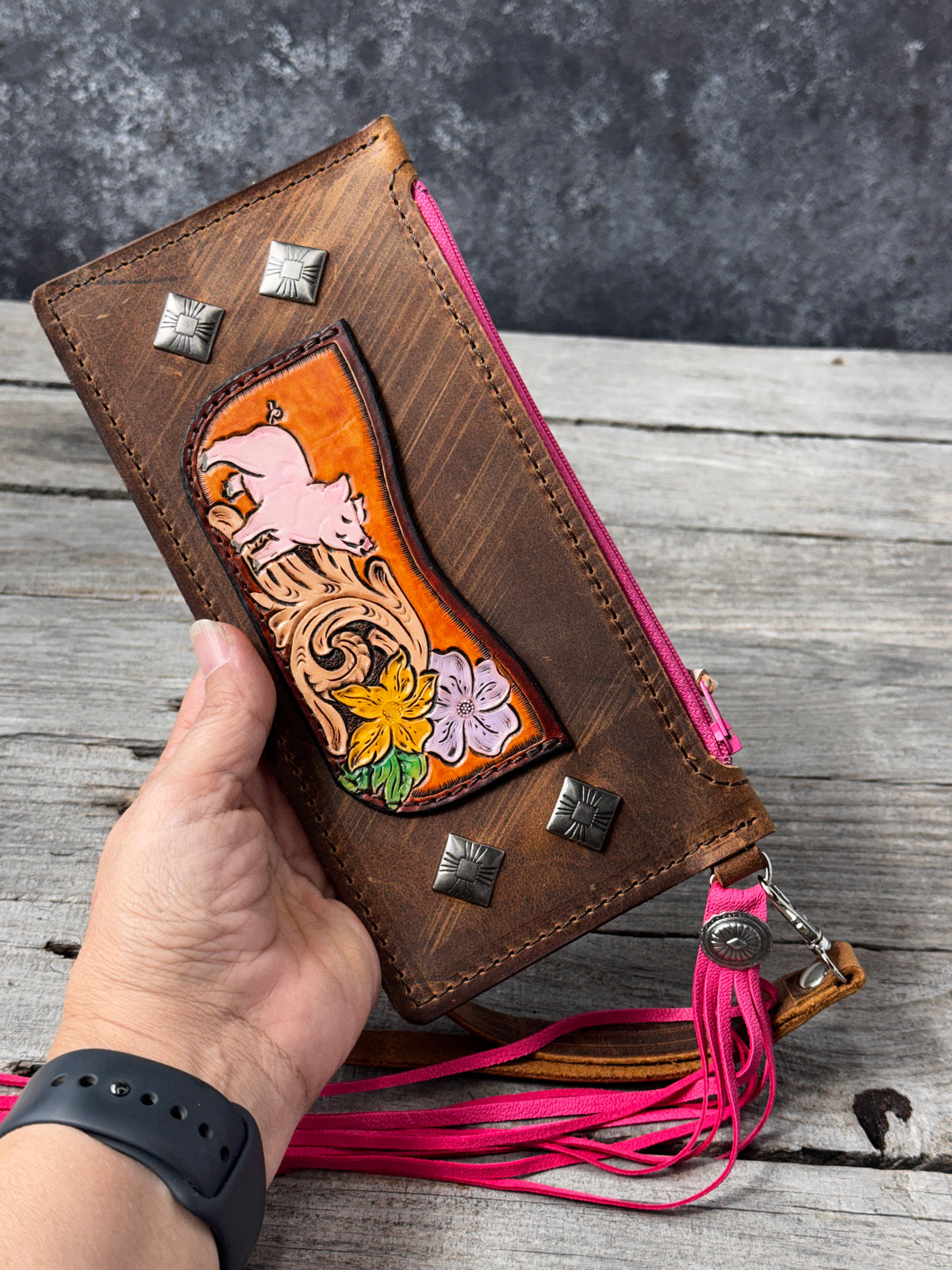 Hand Tooled Piglet Leather Wristlet Clutch – Western Floral Zipper Wallet with Pink Suede Tassel