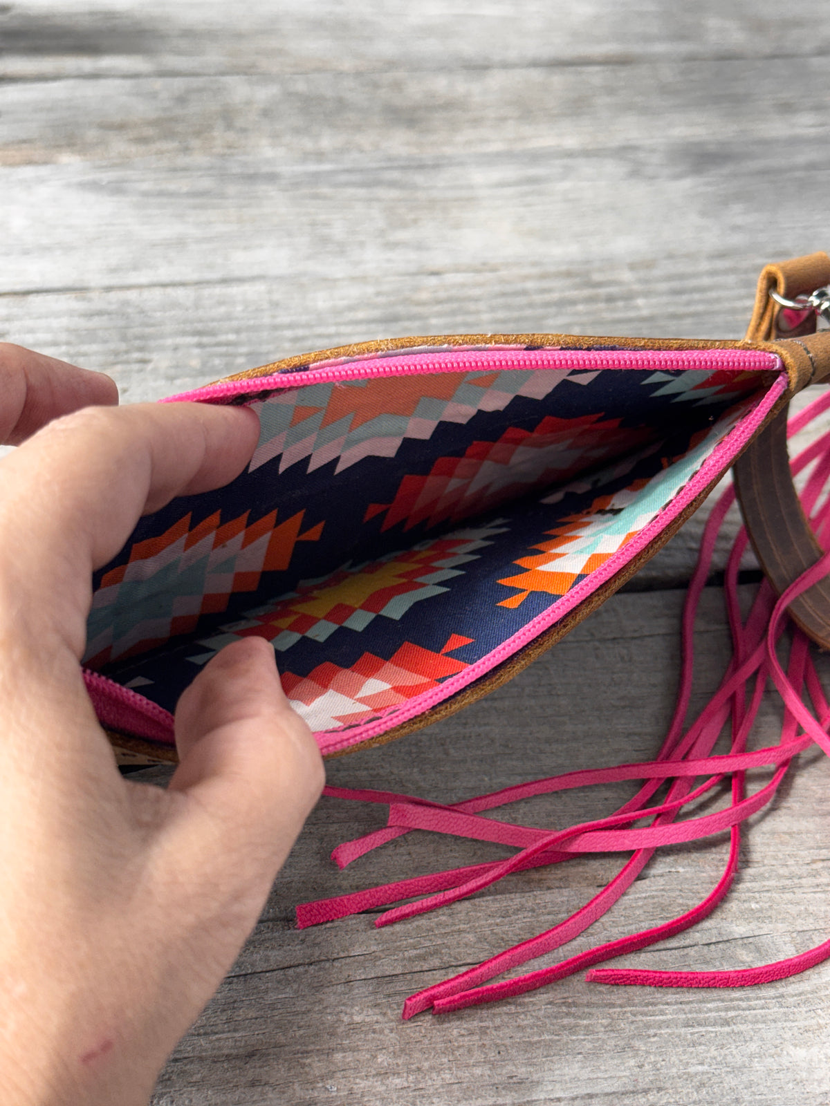 Hand Tooled Piglet Leather Wristlet Clutch – Western Floral Zipper Wallet with Pink Suede Tassel