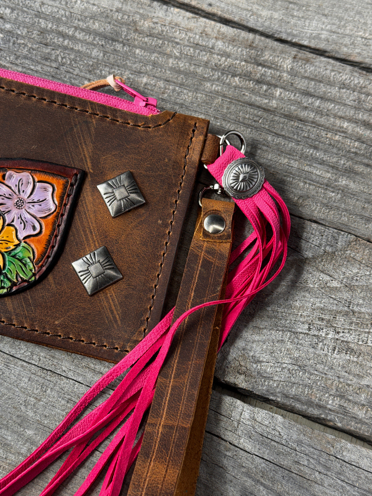 Hand Tooled Piglet Leather Wristlet Clutch – Western Floral Zipper Wallet with Pink Suede Tassel