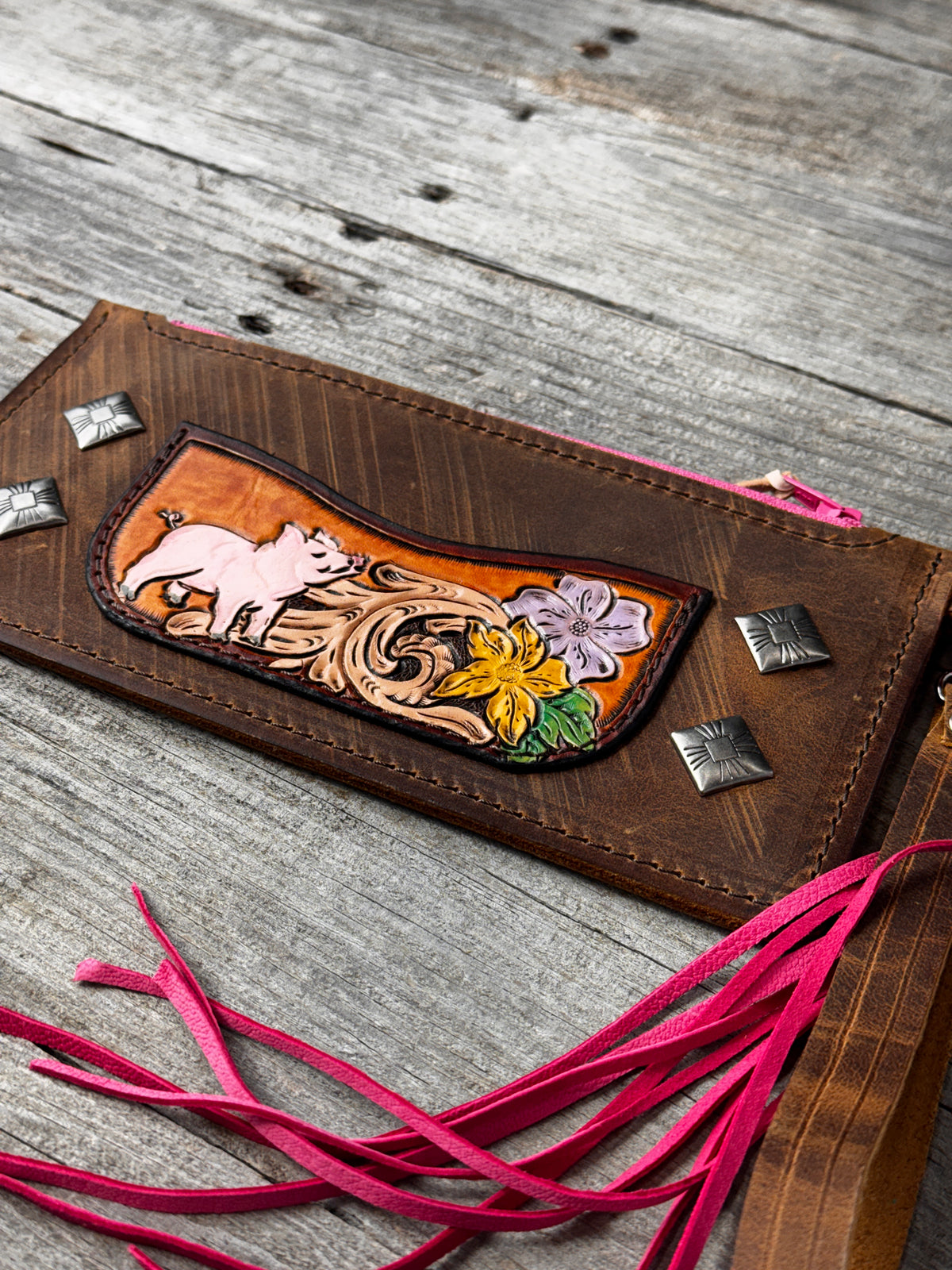 Hand Tooled Piglet Leather Wristlet Clutch – Western Floral Zipper Wallet with Pink Suede Tassel