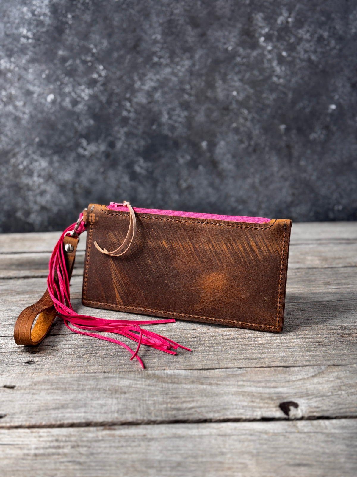 Hand Tooled Piglet Leather Wristlet Clutch – Western Floral Zipper Wallet with Pink Suede Tassel