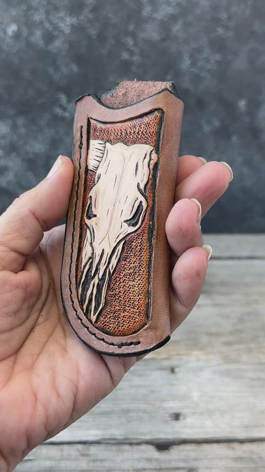 Hand Carved Longhorn Skull Leather Knife Sheath
