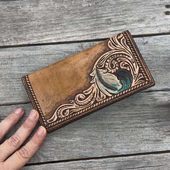 Rustic leather checkbook cover with hand stamped diamond border