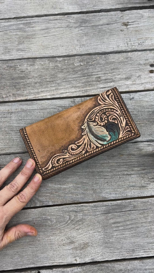 Rustic leather checkbook cover with hand stamped diamond border