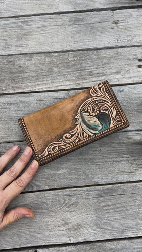 Rustic leather checkbook cover with hand stamped diamond border