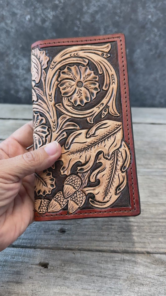 Floral Carved Leather Roper Style Long Wallet