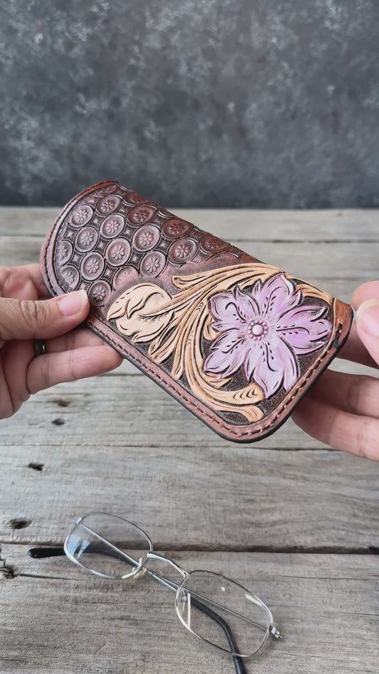 Hand Carved Purple Floral Leather Eyeglass Case