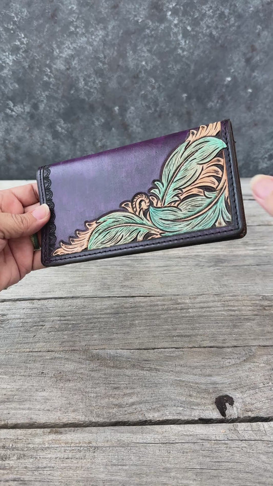Black Cherry & Turquoise Feather Leather Checkbook Cover