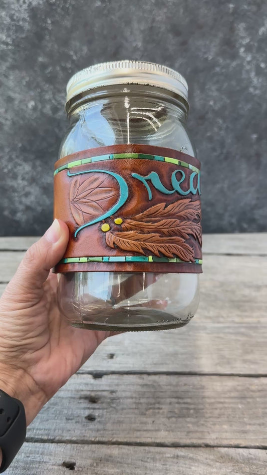 One of a Kind Hand Carved Leather Mason Jar Wrap – "Dreamer" Dreamcatcher Design