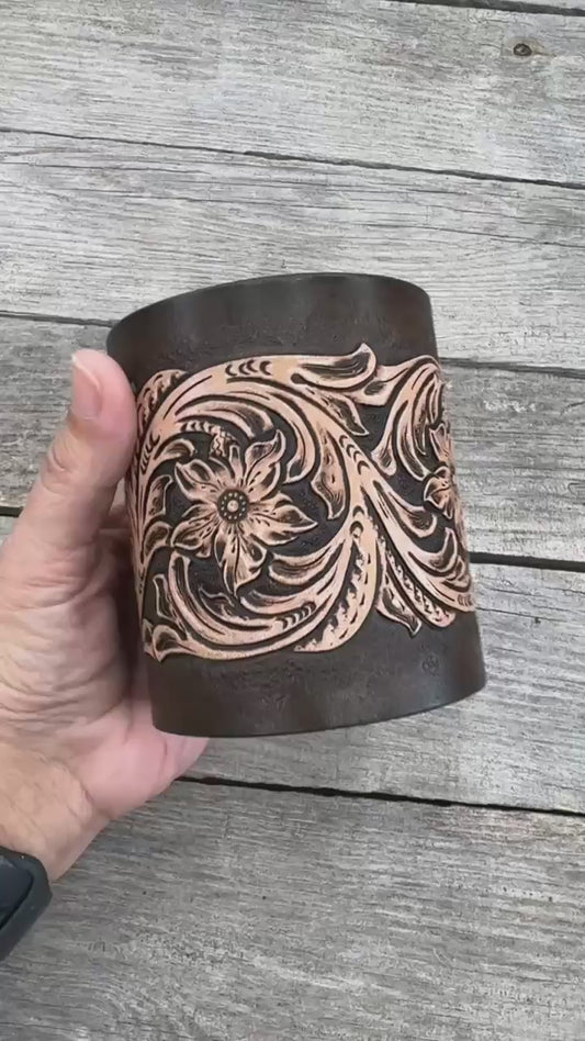 Sheridan Style Leather Desk Organizer – Hand Tooled Floral Pen Holder