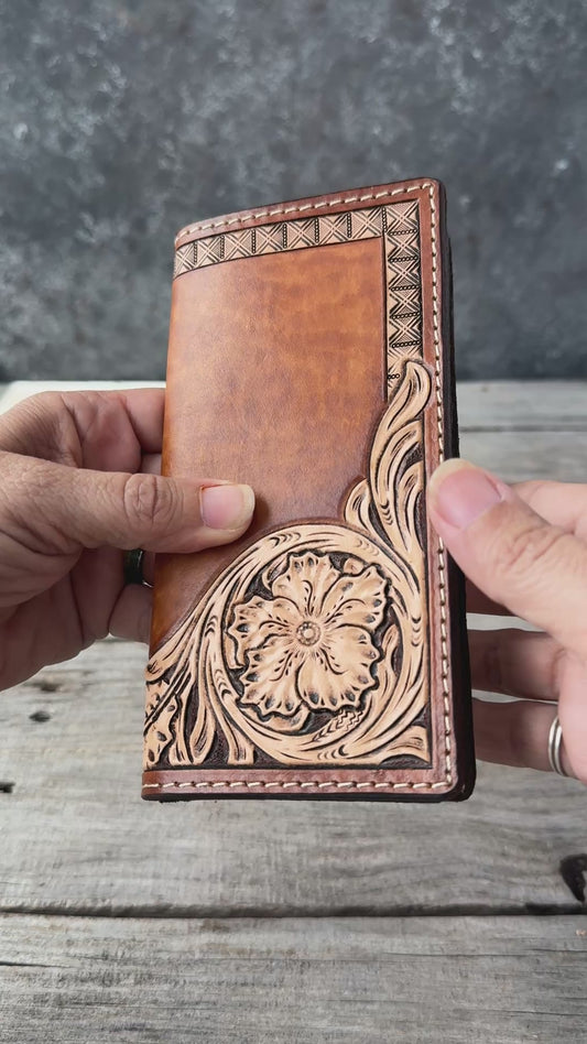 Hand Carved Floral Leather Roper Wallet – Spanish Brown