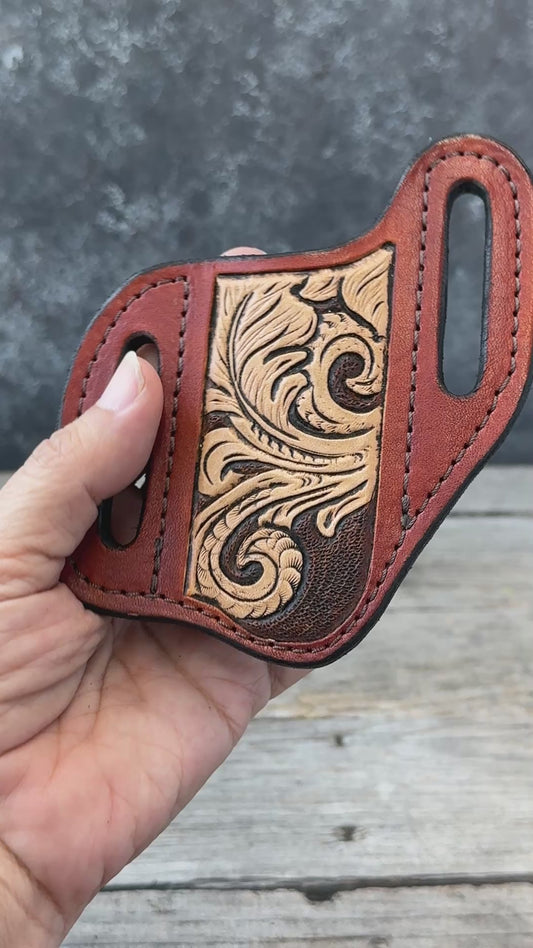 Carved Feather Wide Slanted Pancake Knife Sheath