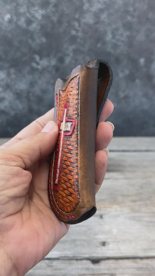 Hand Carved Cross Leather Knife Sheath | Vertical EDC Pocket Knife Sheath
