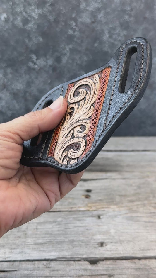 Carved Floral Wide Slanted Pancake Knife Sheath