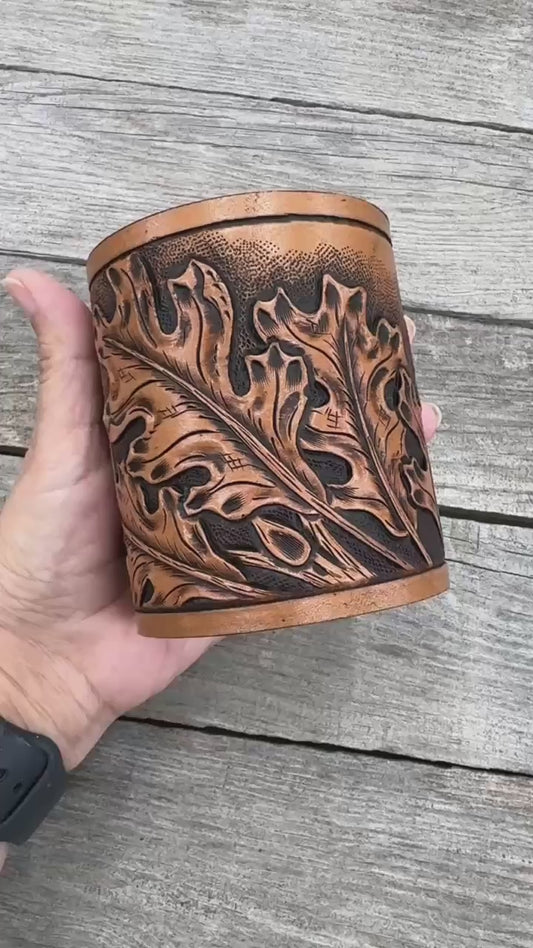 Oak Leaf Leather Desk Organizer – Handmade Pen Holder & Brush Holder