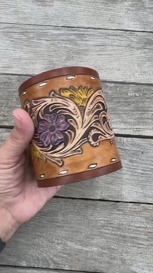 Floral Leather Makeup Brush Holder – Hand Painted Sunflower