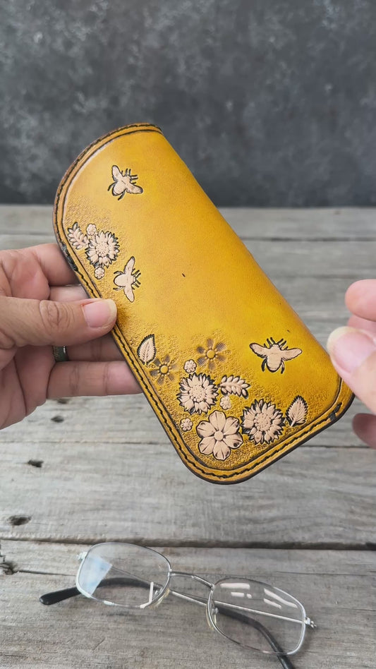 Yellow Honey Bee & Floral Leather Eyeglass Case