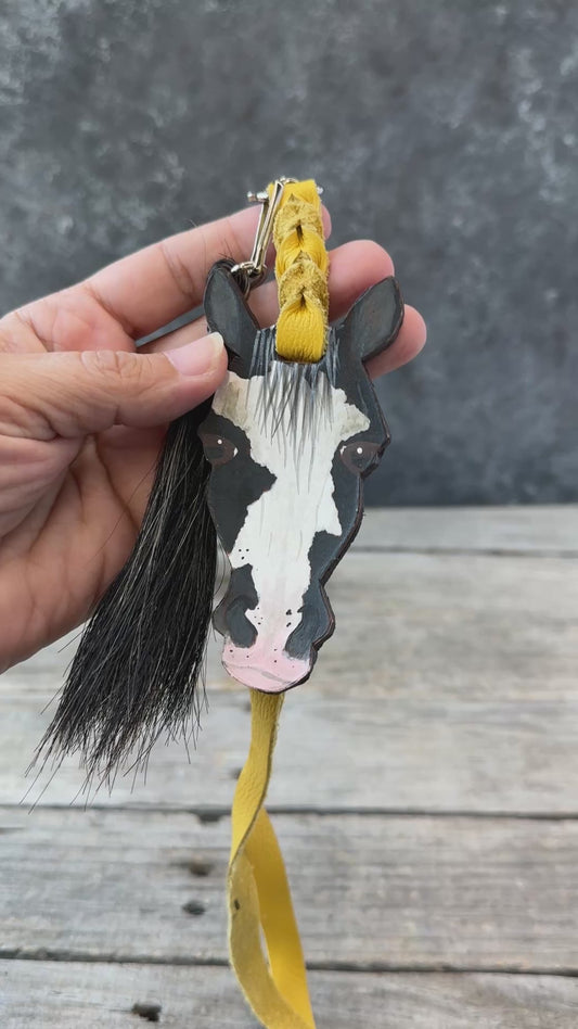 Hand Painted Black and White Paint Horse Face Key Chain