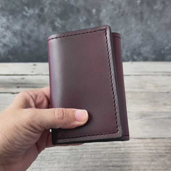 Bayou Red Brown oil tanned leather trifold wallet exterior and interior details