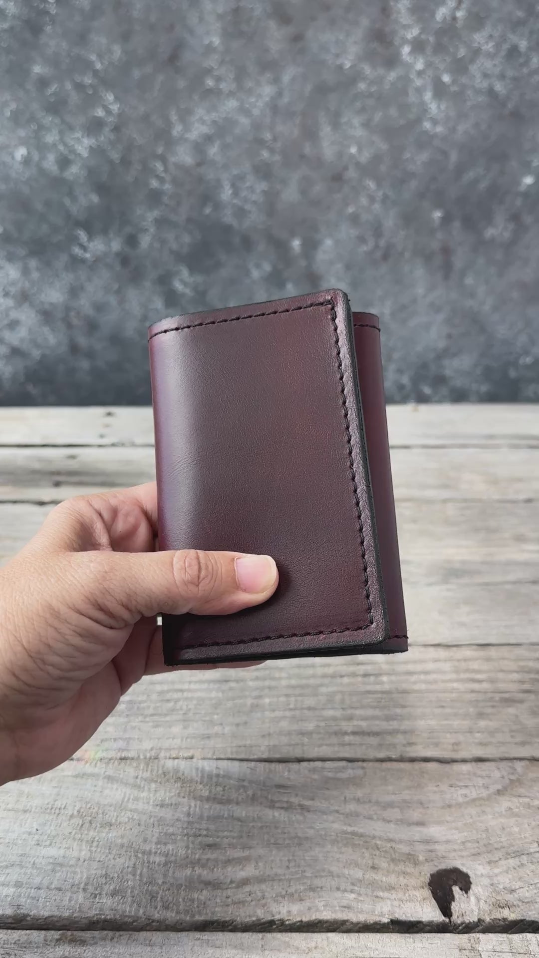Bayou Red Brown oil tanned leather trifold wallet exterior and interior details