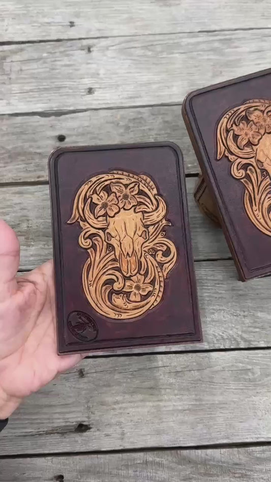 Hand Tooled Leather Bookends – Buffalo Skull Floral Carved Leather Bookends