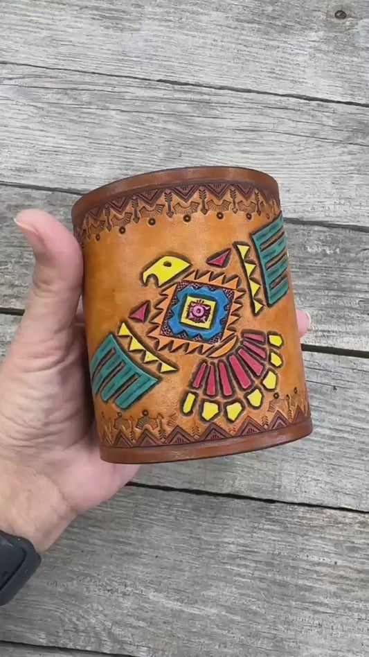 Thunderbird Leather Desk Organizer – Hand Painted Southwestern Pen Holder