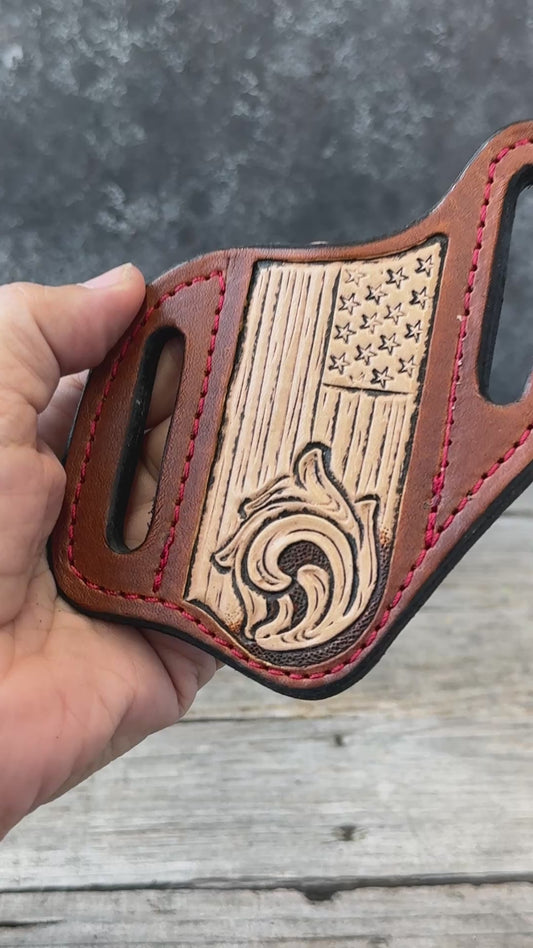 Carved Flag Wide Slanted Pancake Knife Sheath