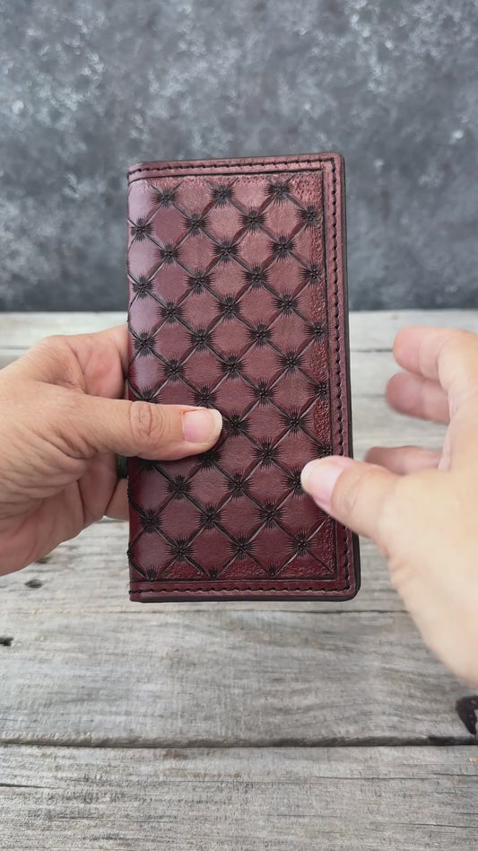 Hand Cut Crosshatch Leather Roper Wallet – Bordeaux