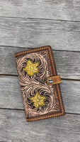 Hand Tooled Leather Phone Wallet Case – Floral Carved iPhone 15 Pro Max Wallet