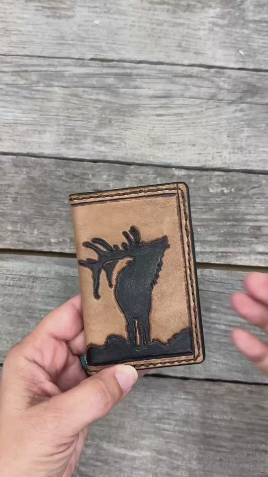 Hand Tooled Leather Card Wallet – Elk Design Front Pocket Wallet (Slim Bifold)