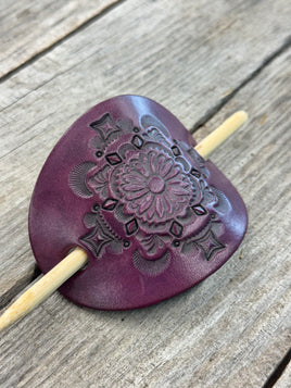 Purple mandala hand stamped leather hair barrette with bamboo hair stick.