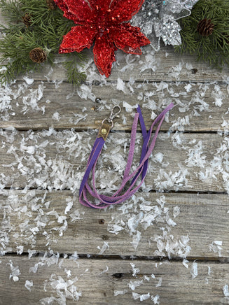 Hand cut purple suede pigskin fringe purse tassel with rustic brown leather top and nickel clip, handmade by Cherokee Rose Custom Leather.