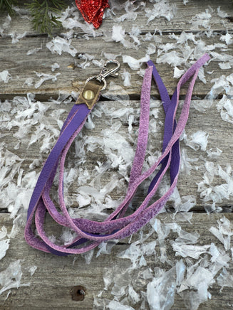 Hand cut purple suede pigskin fringe purse tassel with rustic brown leather top and nickel clip, handmade by Cherokee Rose Custom Leather.
