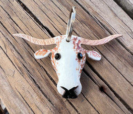 Hand Painted Red Speckled Texas Longhorn Leather Keychain